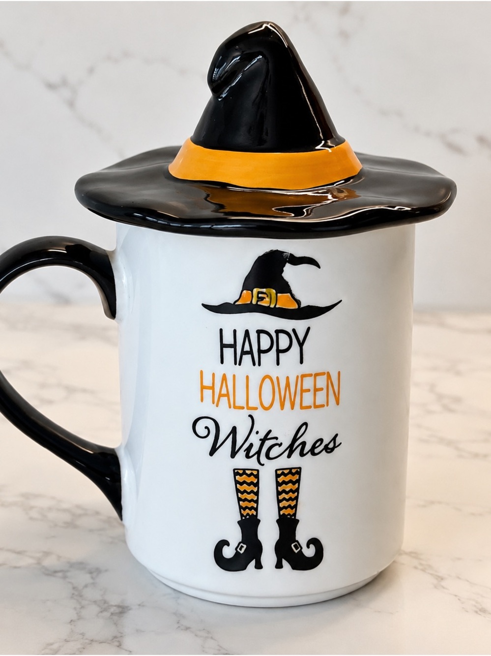 Halloween Witch Hat Ceramic Mug with Lid - Black & Orange